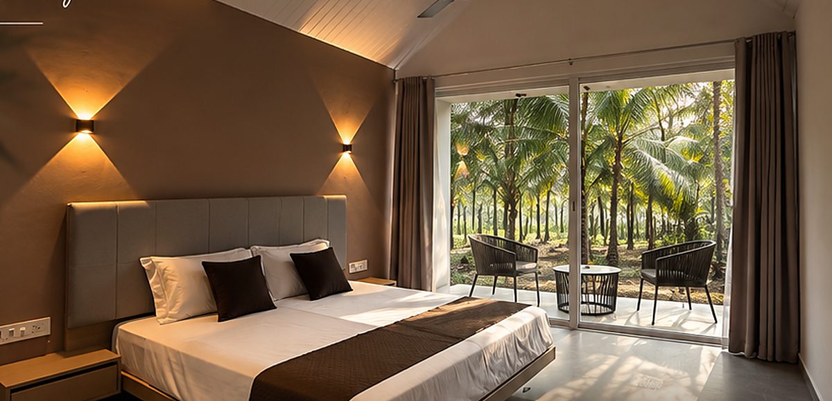 The room at GAIA with full-height glass onto the private courtyard