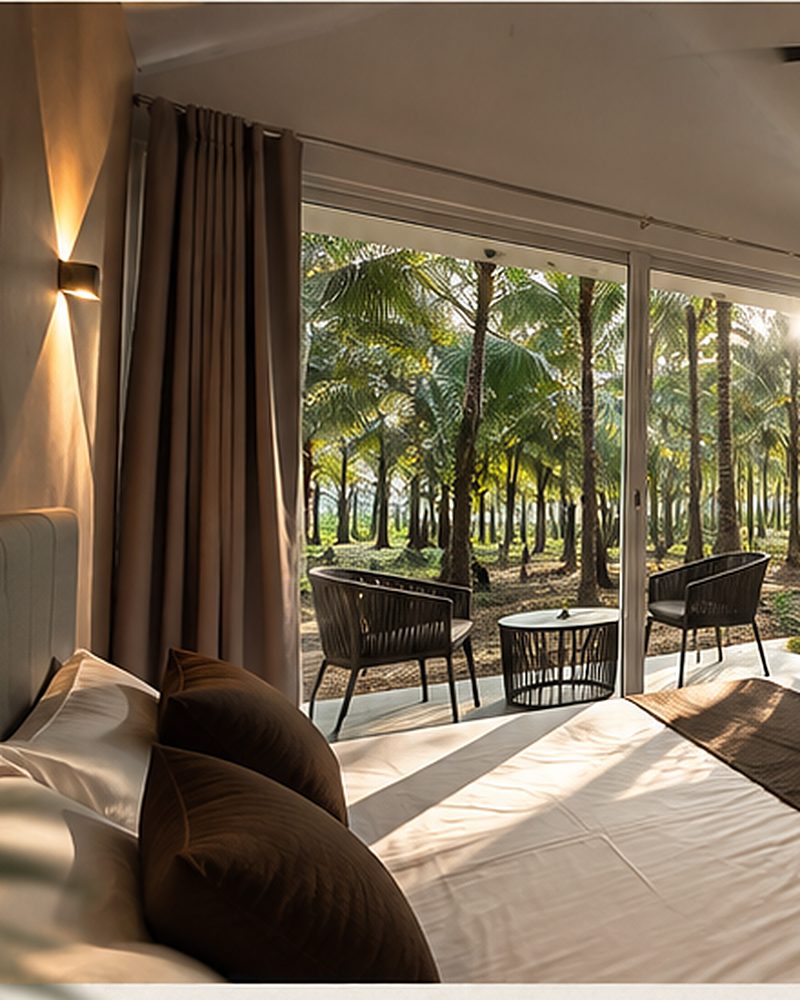 From the bed at GAIA, looking out to the courtyard and the palms